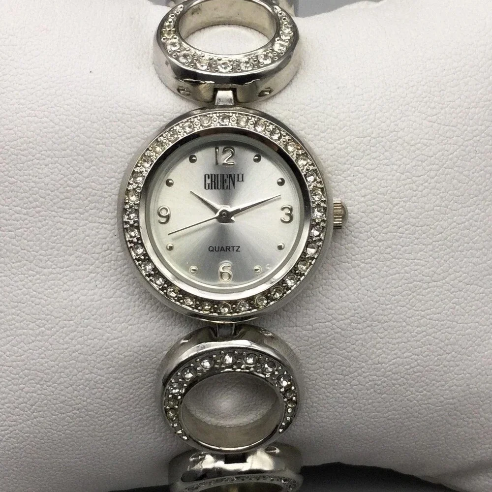 Gruen II Womens Watch 24mm Silver Dial Crystal Bezel GRF1501 Circle Link 6.75